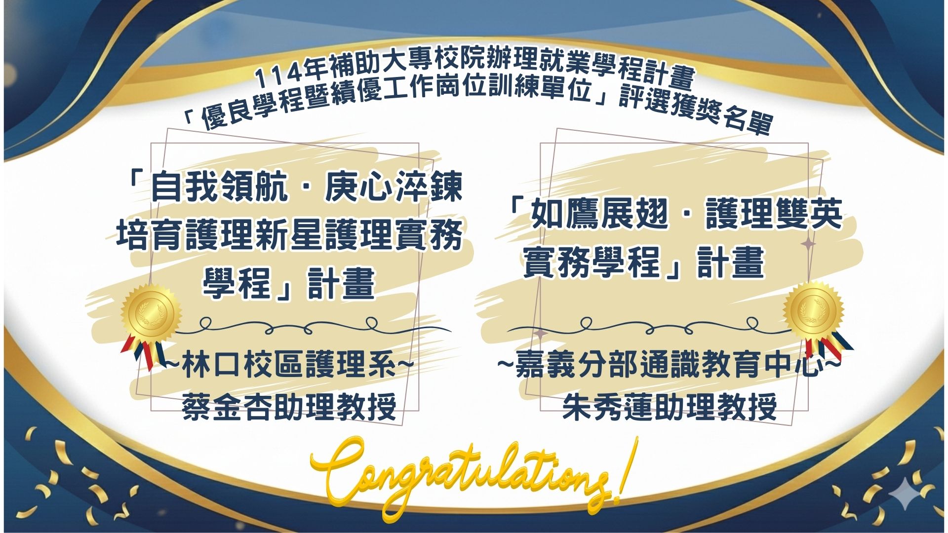 114年補助大專校院辦理就業學程計畫 「優良學程暨績優工作崗位訓練單位」評選獲獎名單